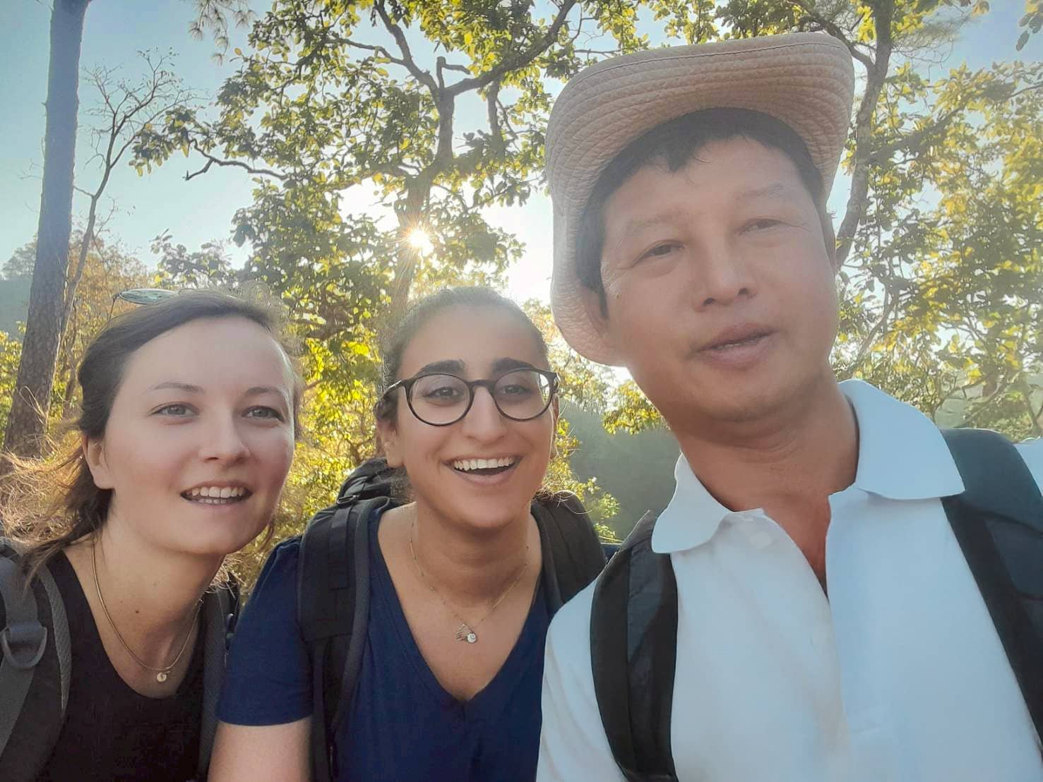 Temo Trekking guide with two guests on a small-group hike in the forest.